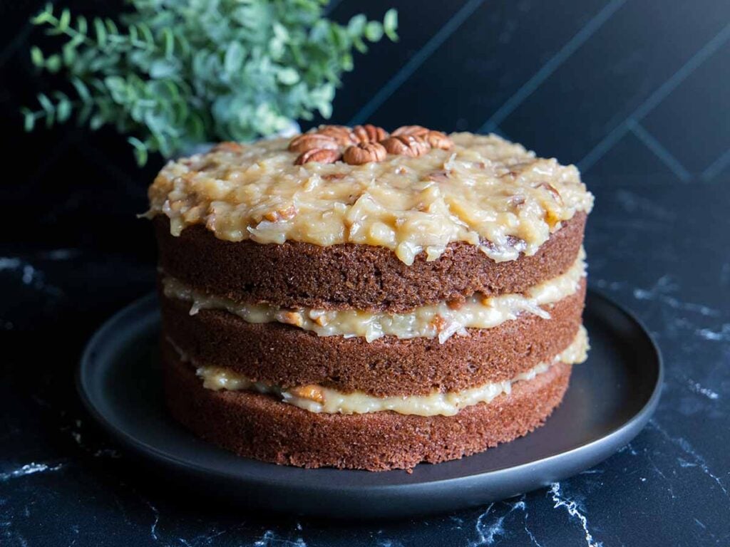 Baker's German Chocolate Cake on a black plate