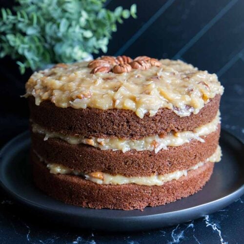 Baker's German Chocolate Cake on a black plate