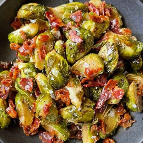 A bowl of roasted brussels sprouts with honey butter