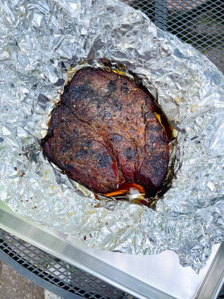 Smoked chuck roast after its resting period.