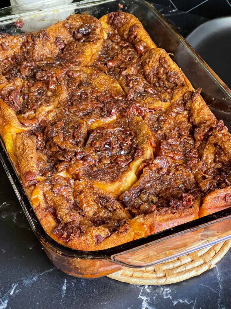 Maple bacon french toast right out of the oven.