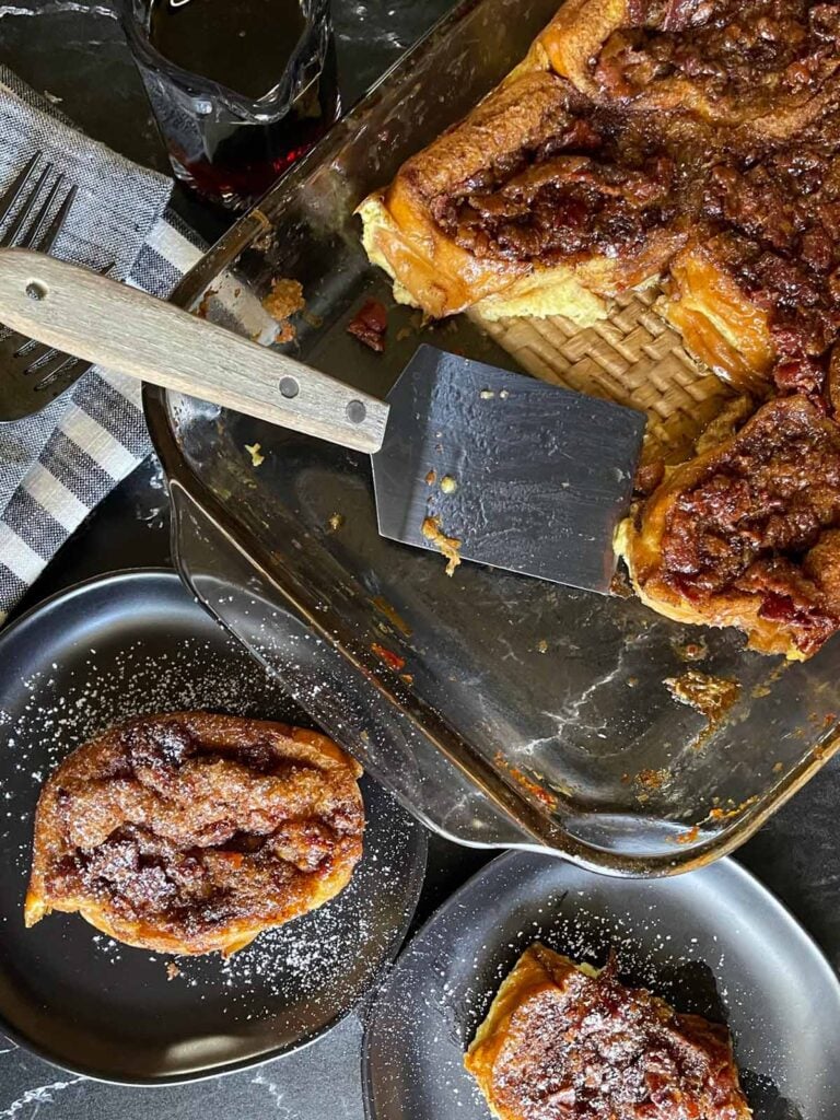 Overnight Maple Bacon Baked French Toast being served.