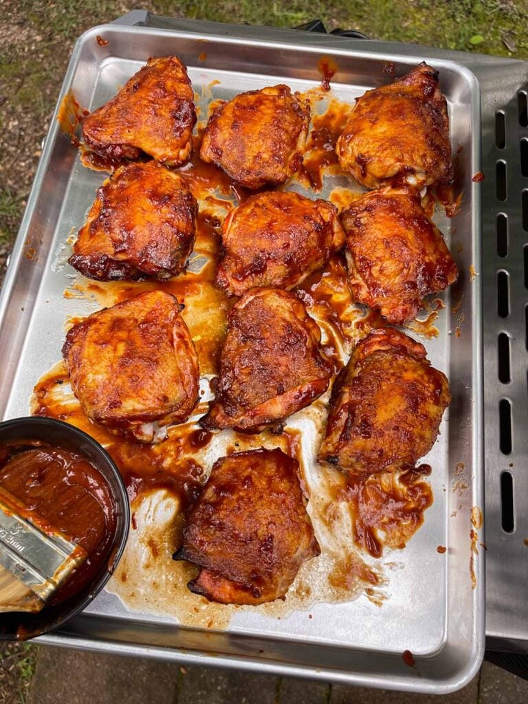Chicken thighs with bbq sauce baked on.