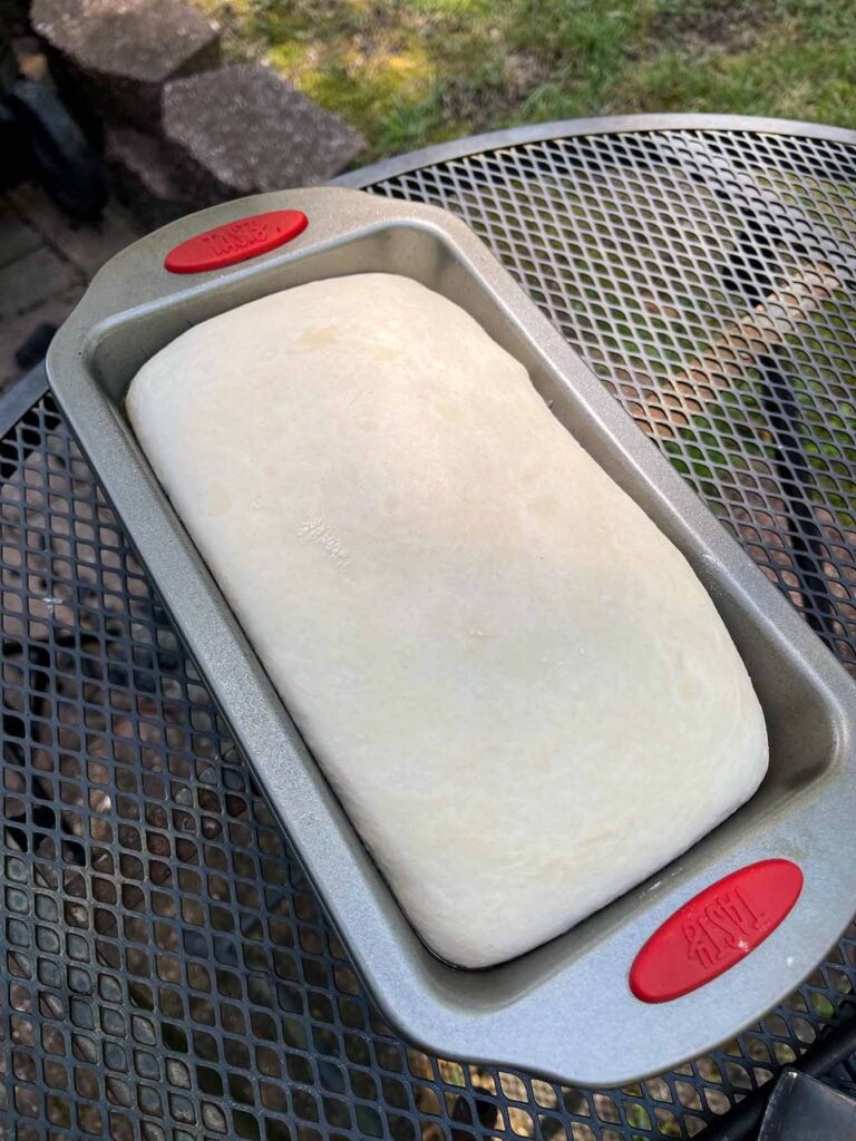 a loaf of unbaked sourdough in a bread pan.