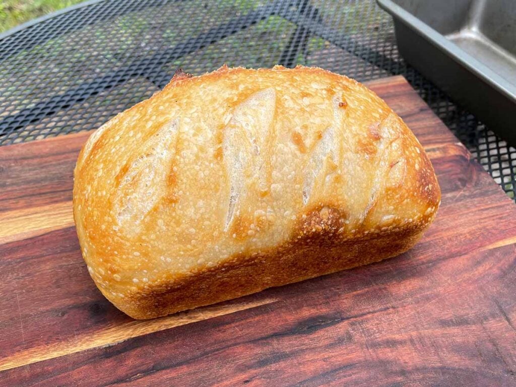 Sourdough bread on a cutting board.