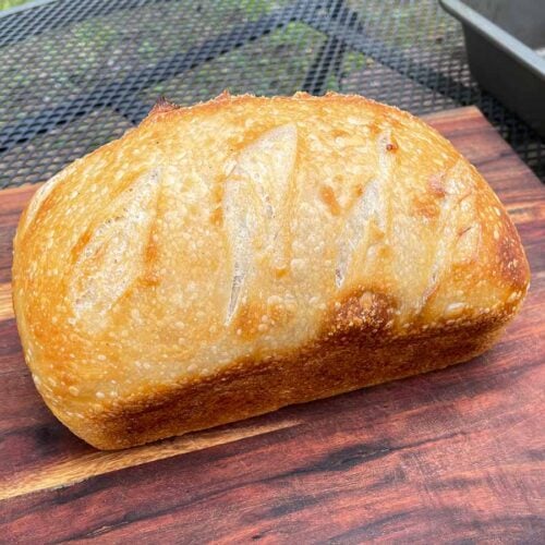 Sourdough bread on a cutting board.