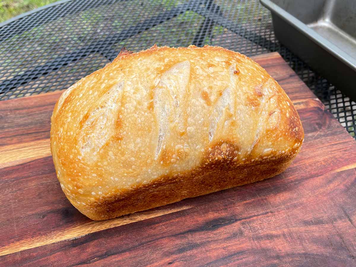 Sourdough bread on a cutting board.