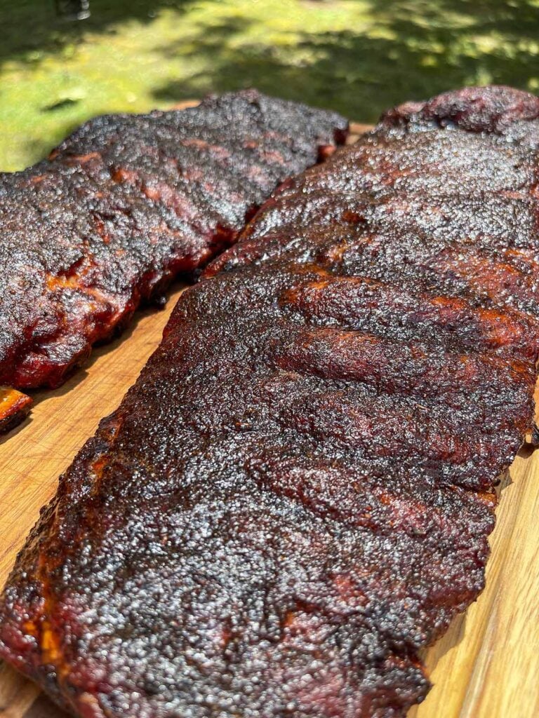 A rack of smoked ribs off the smoker.