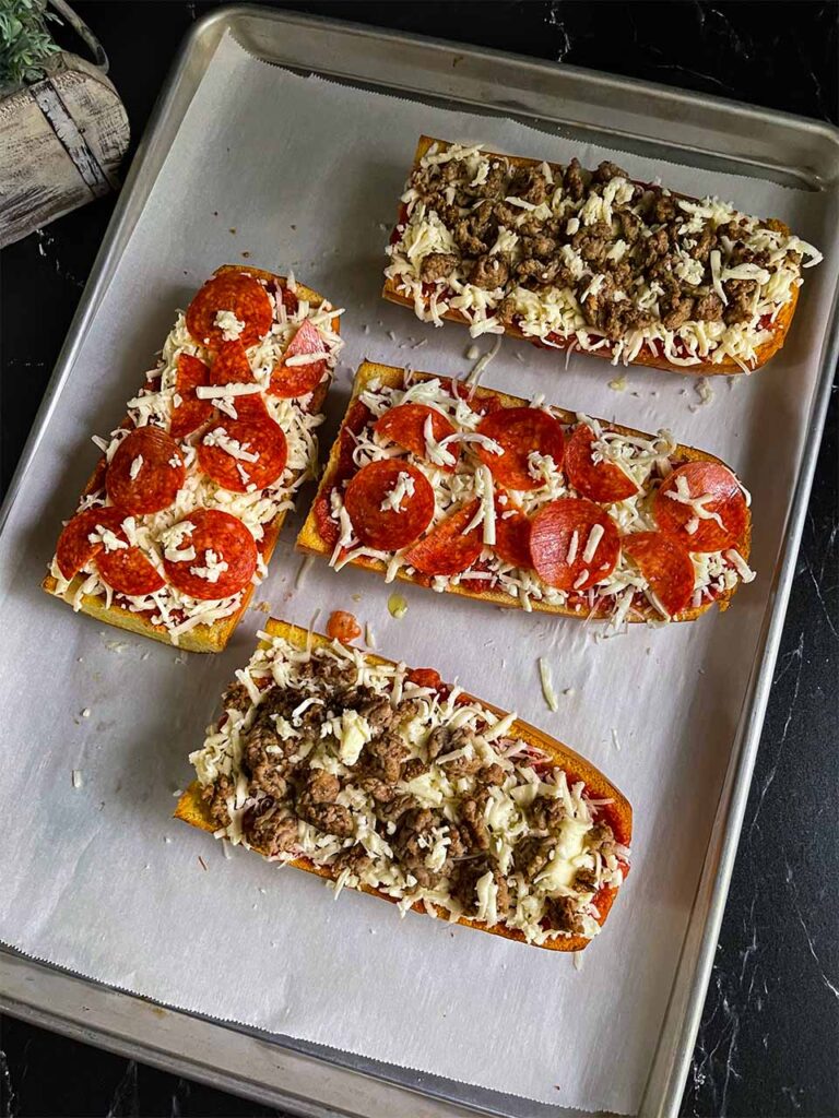 French bread pizza about to go into the oven.