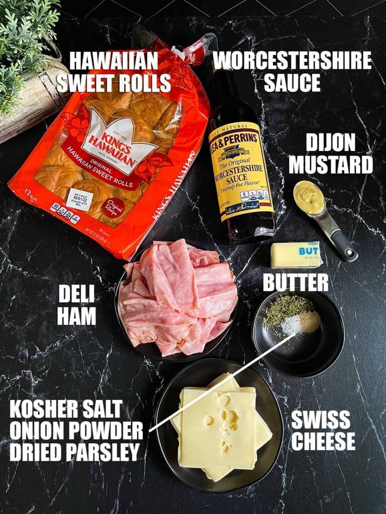 Ingredients for ham and cheese sliders.