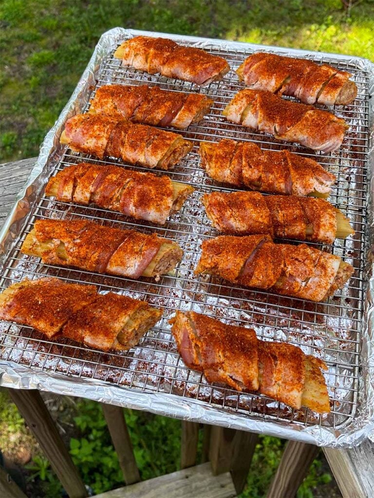 A tray of shotgun shells about to go onto the smoker.