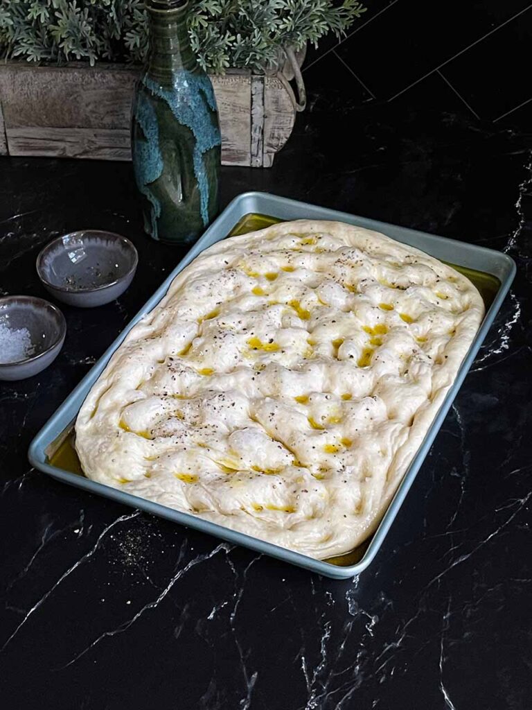 Focaccia about to go into the oven.