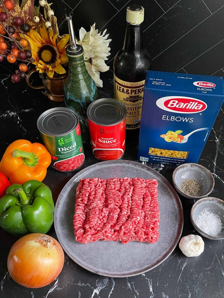 Ingredients needed to make goulash.