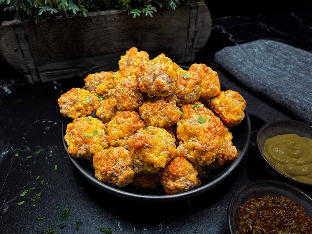 Bisquick sausage ball in a black bowl garnished with chopped parsley.