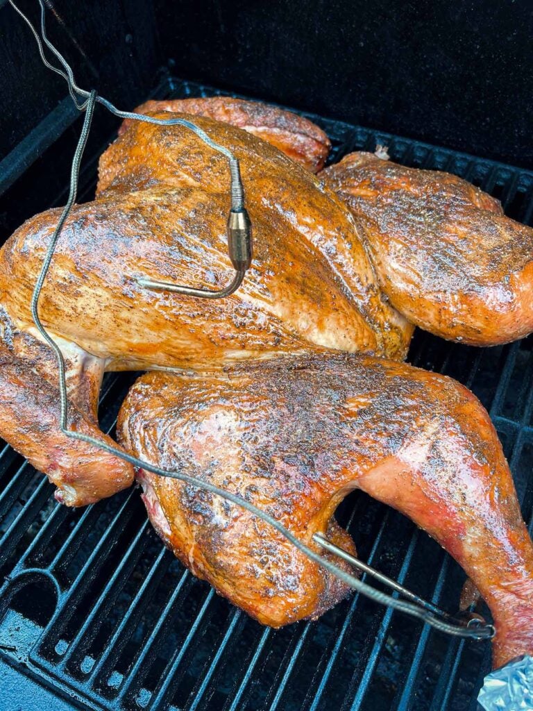 Spatchcocked turkey on a Masterbuilt smoker.