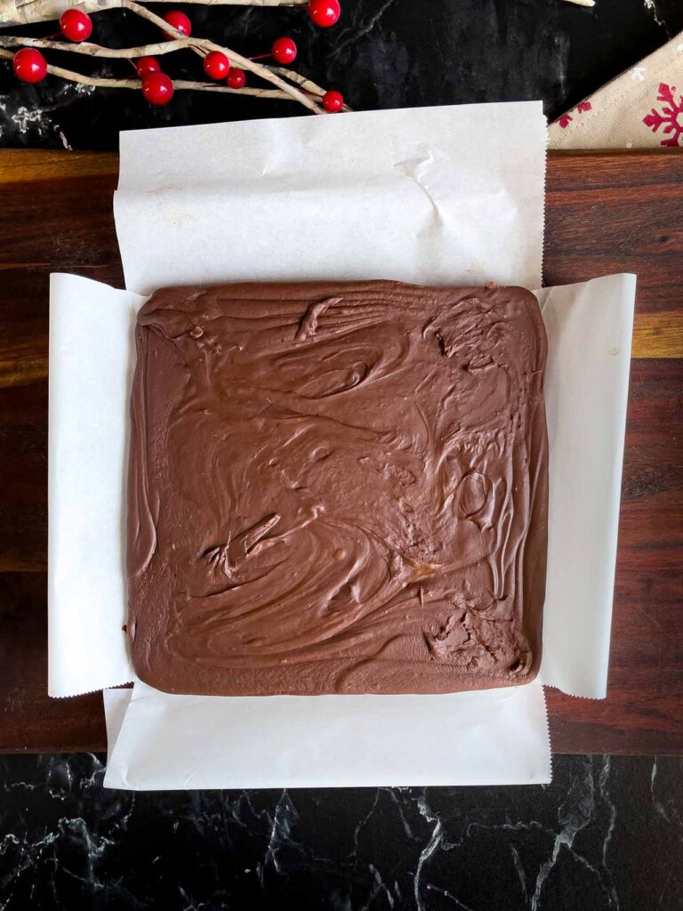 Set up extra dark chocolate fudge removed from the pan to a cutting board.