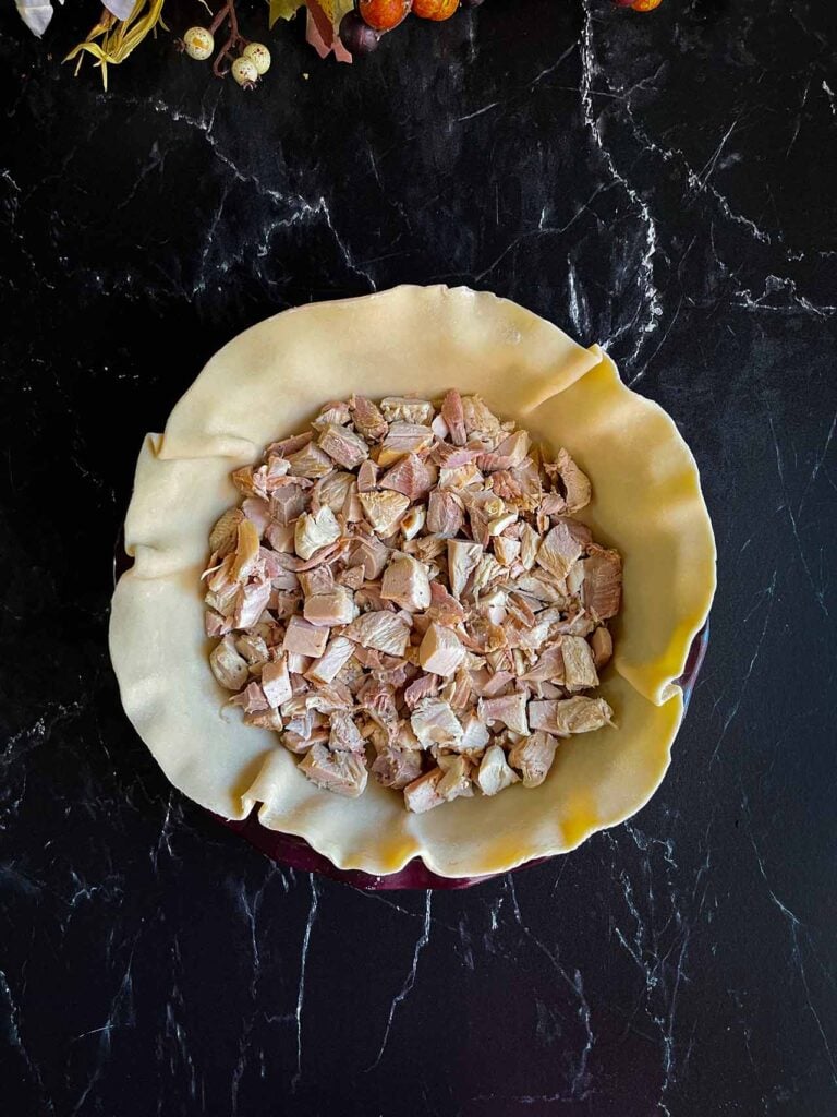 Diced turkey inside a pie crust.