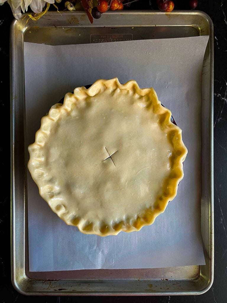 A Thanksgiving leftovers pie about to go into the oven.