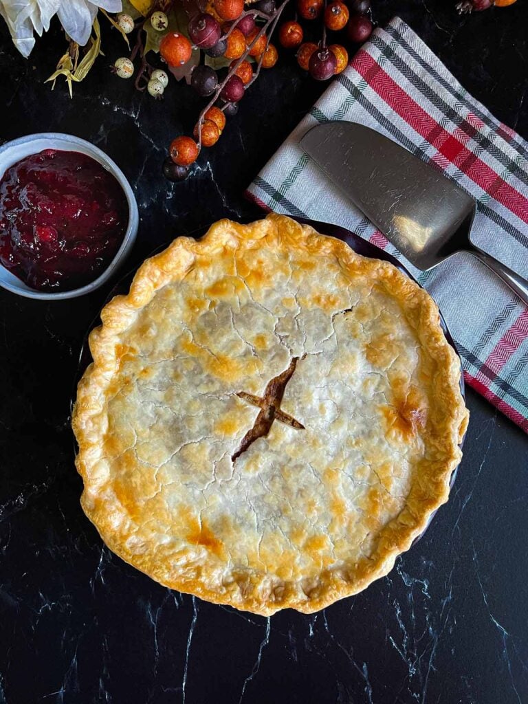 A leftover Thanksgiving pie straight out of the oven.