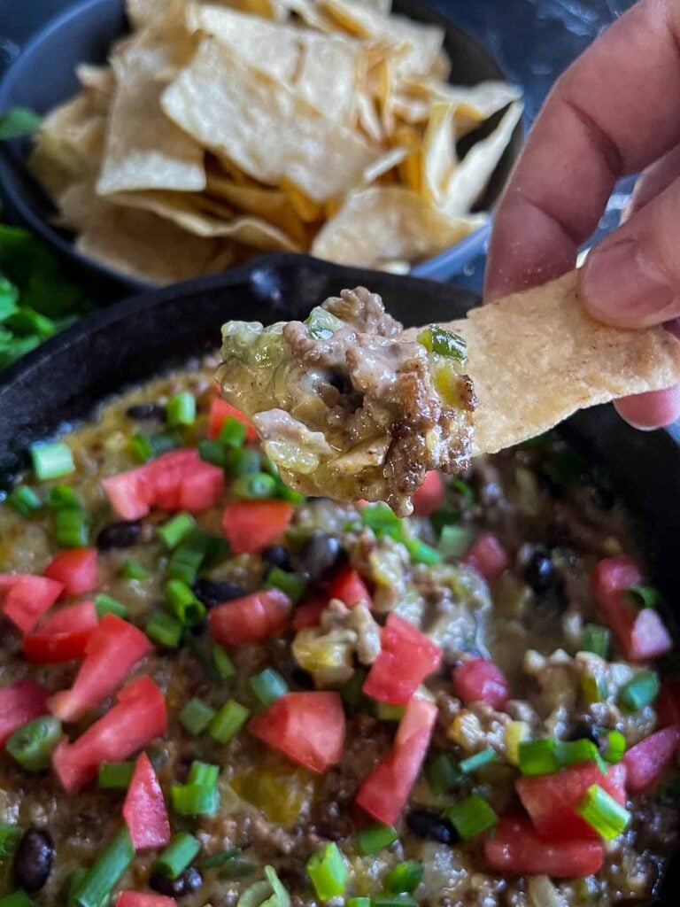 A tortilla strip with queso fundido on the end.