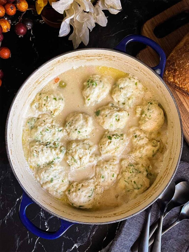 Chicken and dumplings in a dutch oven.