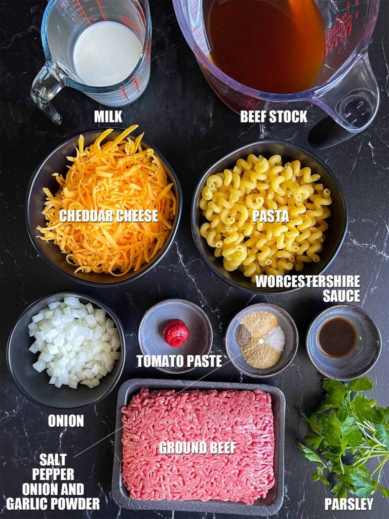 Ingredients for homemade one pot hamburger helper.