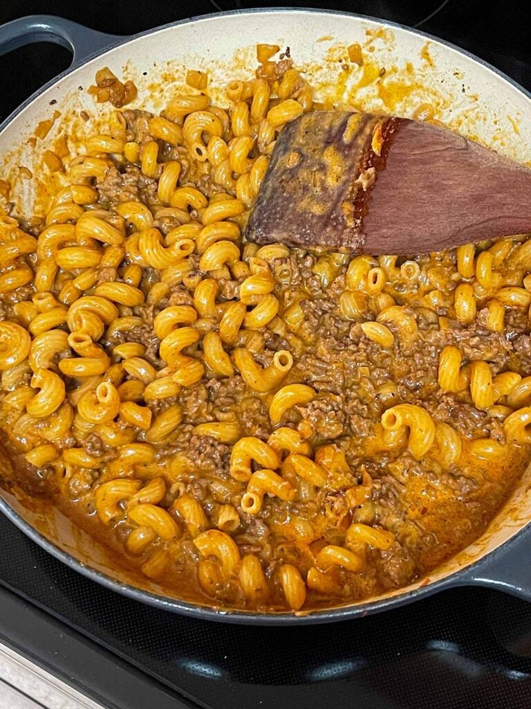 Homemade one pot hamburger helper almost done cooking.