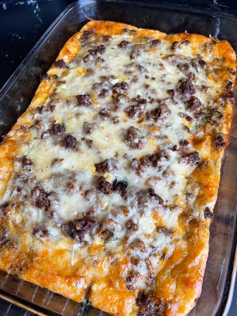 Chile Relleno Casserole in a glass baking dish.