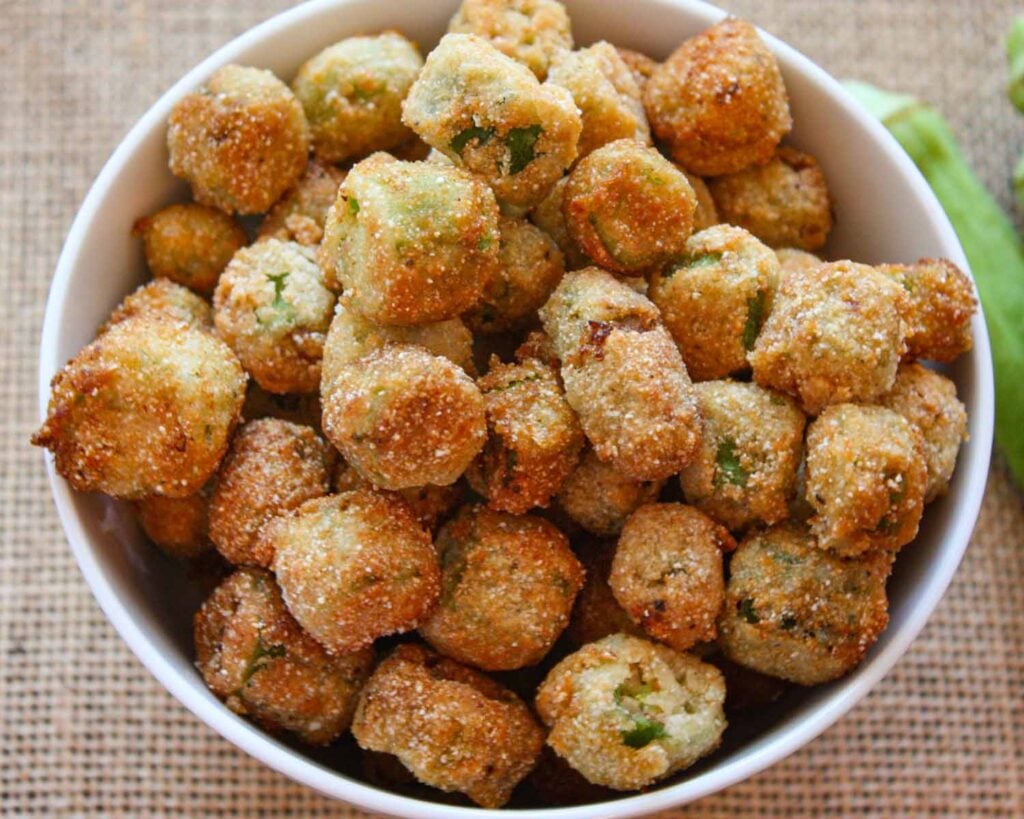 Fried okra in a white bowl.