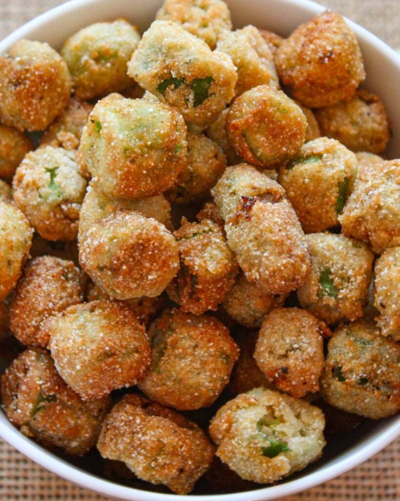 Fried okra in a white bowl.