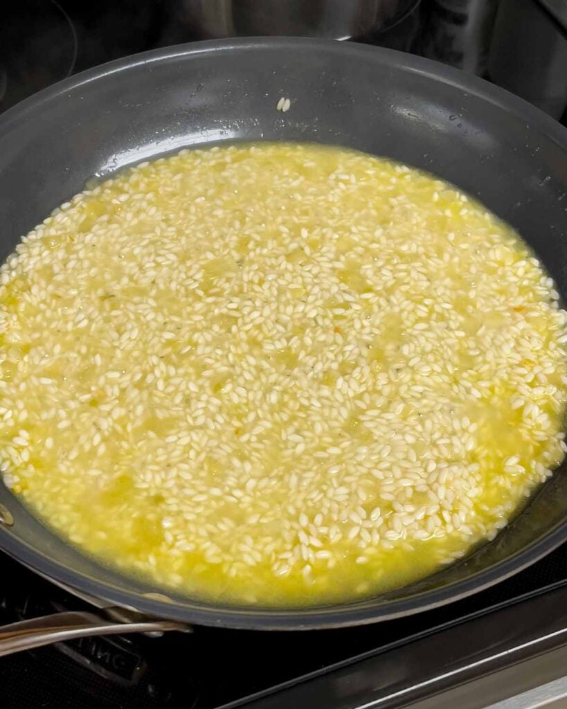 Risotto with stock being absorbed, about one minute in.
