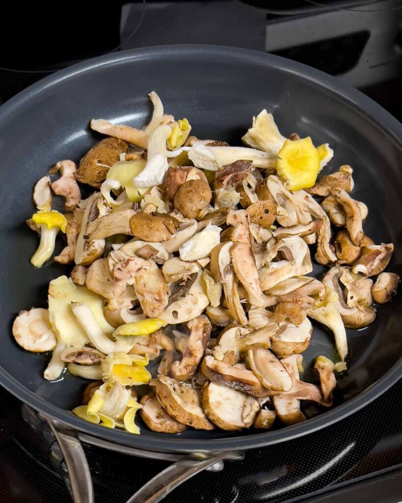 A mushroom blend in a hot skillet.