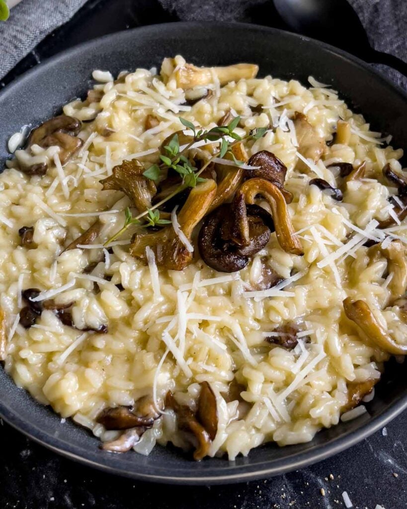 Mushroom Risotto in a dark bowl.