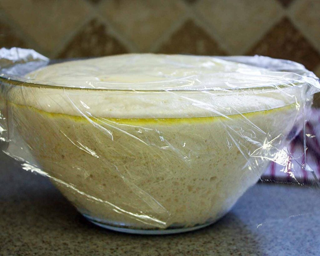 Risen naan dough in a greased glass bowl.