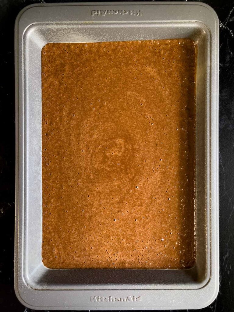 Mississippi Mud Cake batter in a 9x13 metal baking pan.