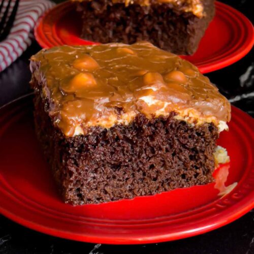 A slice Mississippi Mud Cake on a plate with another slice in the background.