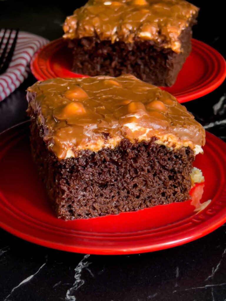 A slice Mississippi Mud Cake on a plate with another slice in the background.