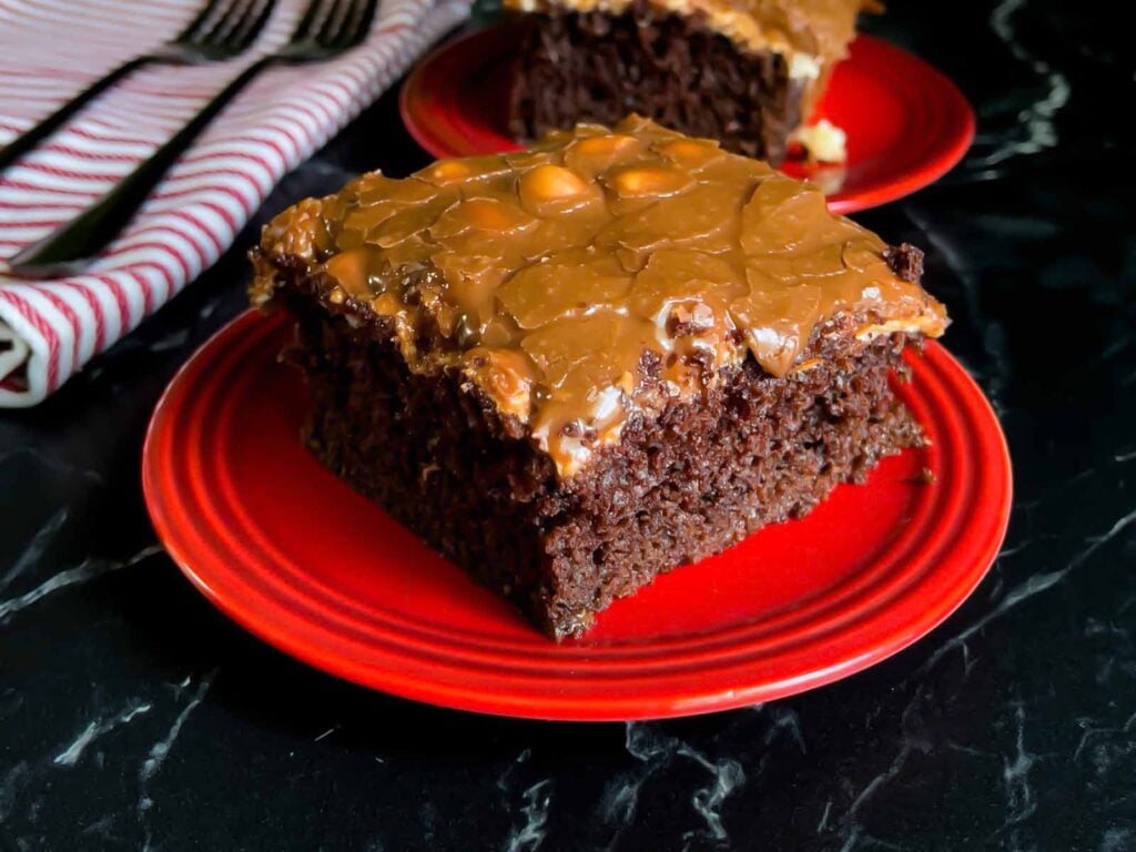 A slice Mississippi Mud Cake on a plate with another slice in the background.