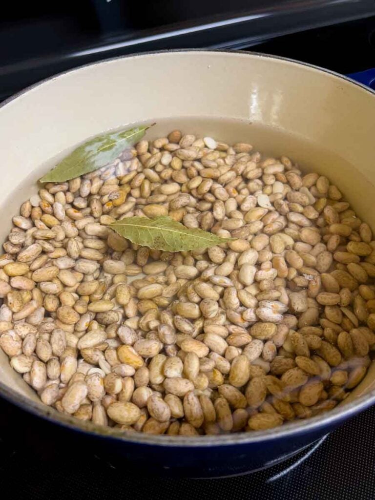 Pinto beans just added to a dutch oven with a couple of bay leaves.