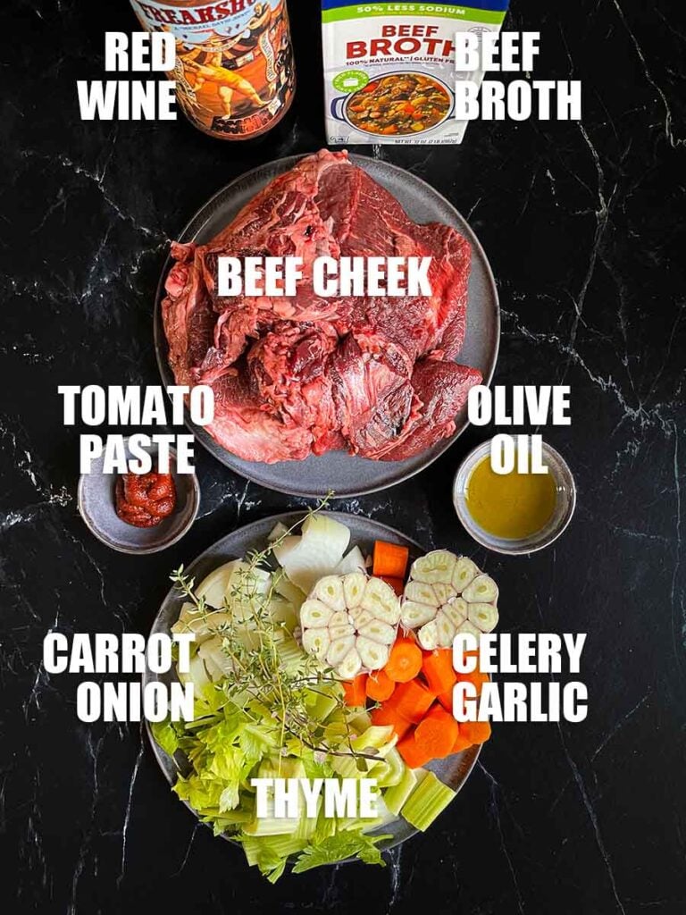 Ingredients for braised beef cheeks.