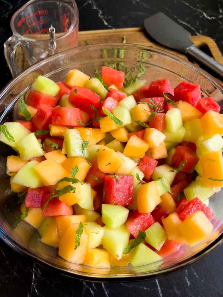 Mixed Melon Fruit Salad (with honey, lime, and mint) Don't Sweat The