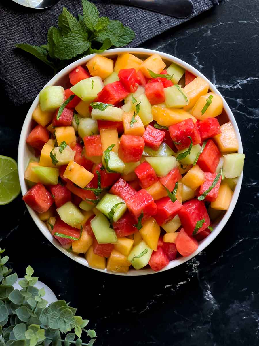 Mixed Melon Fruit Salad (with honey, lime, and mint) Don't Sweat The