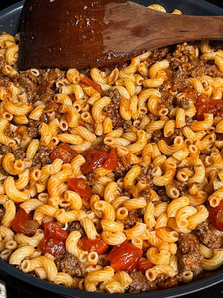 Beefaroni in a large skillet.