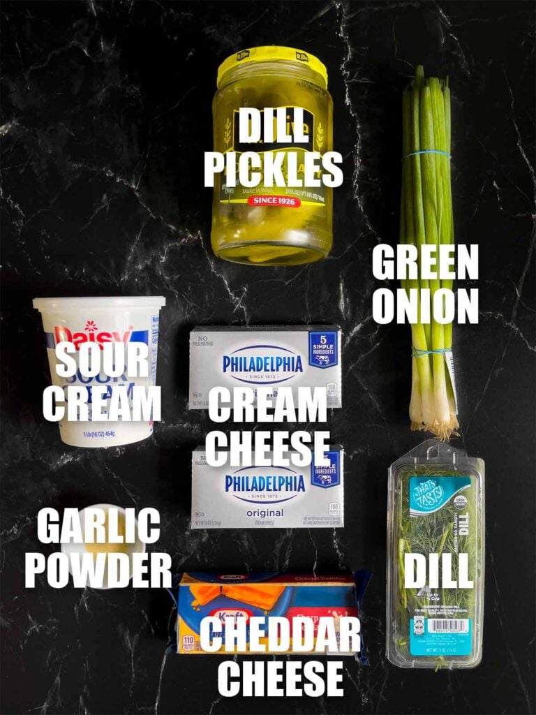 Ingredients needed to make a dill pickle cheese ball.