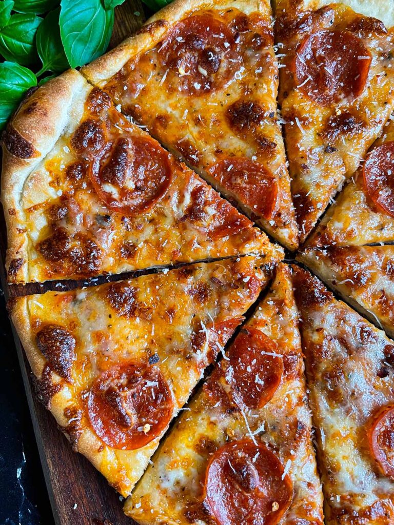 Homemade pepperoni pizza using homemade pizza dough.