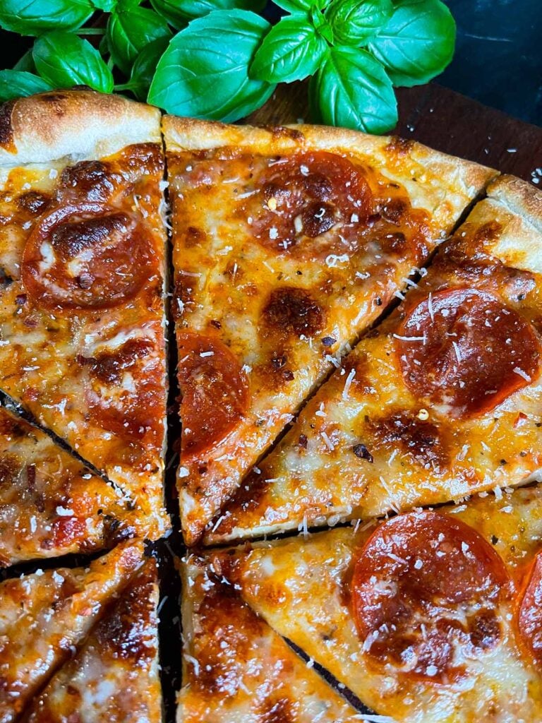 Homemade pepperoni pizza using homemade pizza dough.