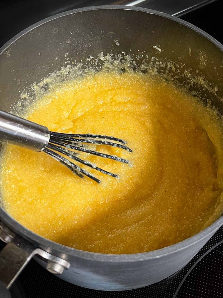 Polenta in a sauce pan.