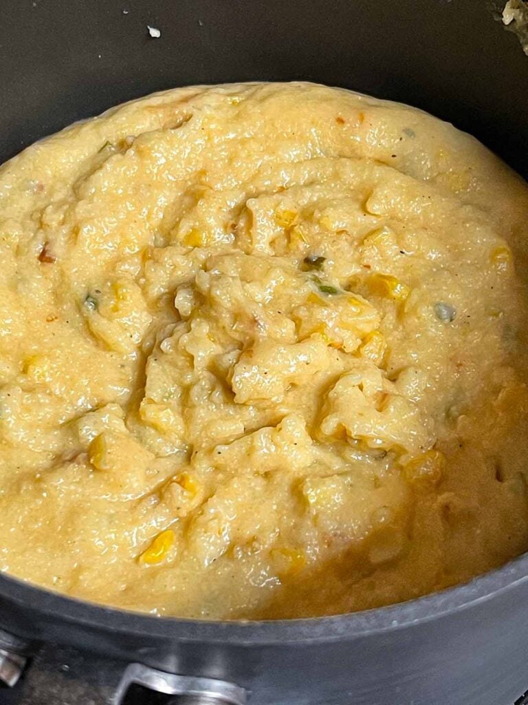 Cajun polenta in a sauce pan.