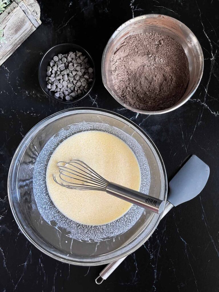 Ingredients set up to mix for double chocolate muffins.