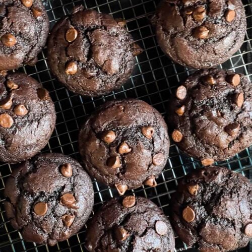 Double chocolate muffins on a cooling rack.